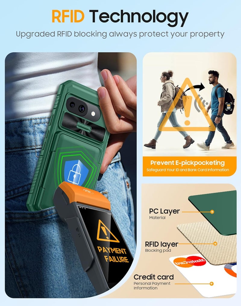 oupeigar for Pixel 9a Case with Card Holder(4-5 Card) & RFID Blocking&Camera Guard,Non-Slip&Shockproof Rugged Wallet Cases,Case for Google Pixel 9a(Green) - Image 4